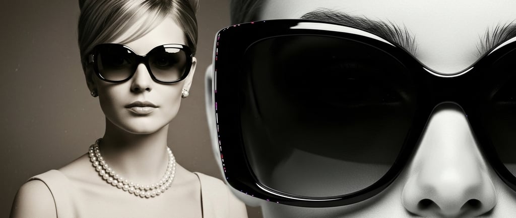 Composición dual mostrando evolución lentes oversize: mujer estilo Jackie Kennedy vintage izquierda,