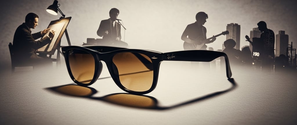 Par de Wayfarer en primer plano sobre fondo neutro con reflejos de distintas épocas, 