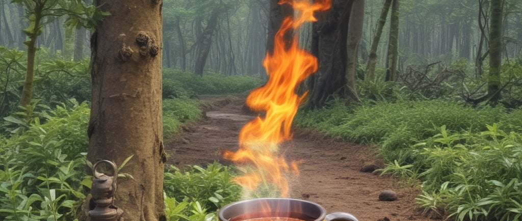 a cup of tea with a fire in the middle of the picture