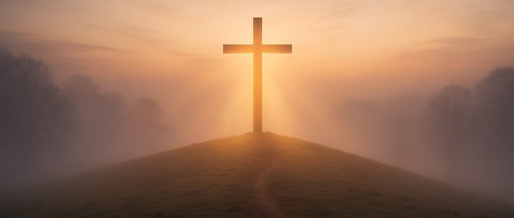 Cruz iluminada pela luz do amanhecer, simbolizando o perdão e a reconciliação em Cristo.
