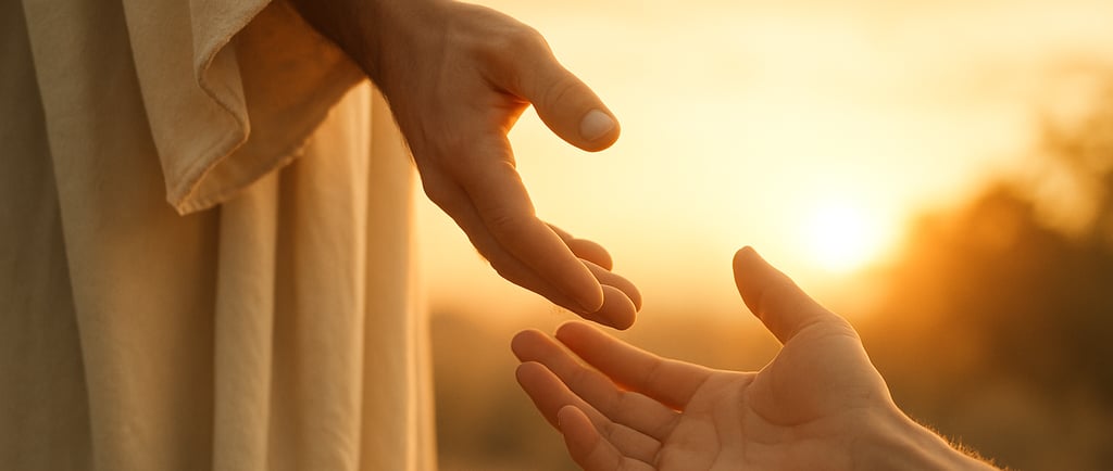 Luz suave iluminando mãos estendidas em gesto de compaixão, simbolizando a bondade de Cristo no mund