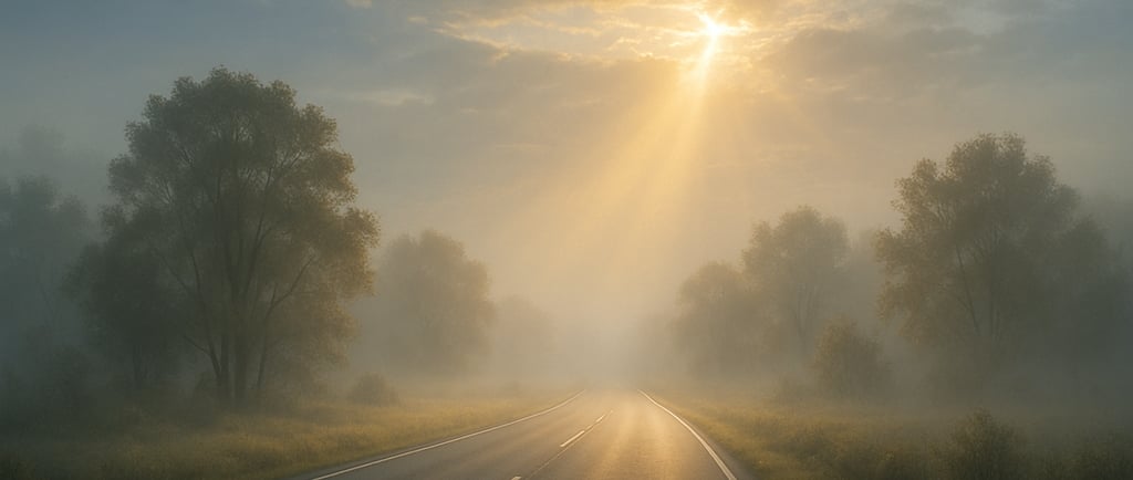 Luz suave iluminando uma estrada em meio à névoa, simbolizando a presença fiel de Deus que dissipa o