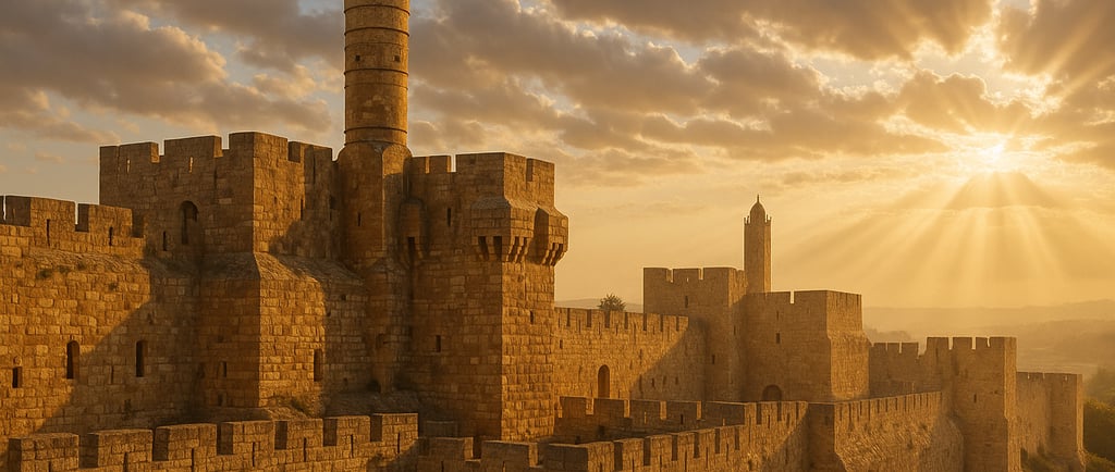 Luz dourada sobre antiga fortaleza em Jerusalém, representando a vitória de Deus sobre o impossível.