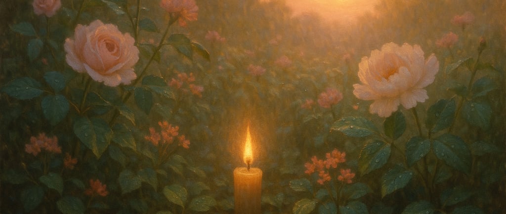 Chama suave em meio a um jardim ao amanhecer, simbolizando o amor que é cultivado em Cristo.