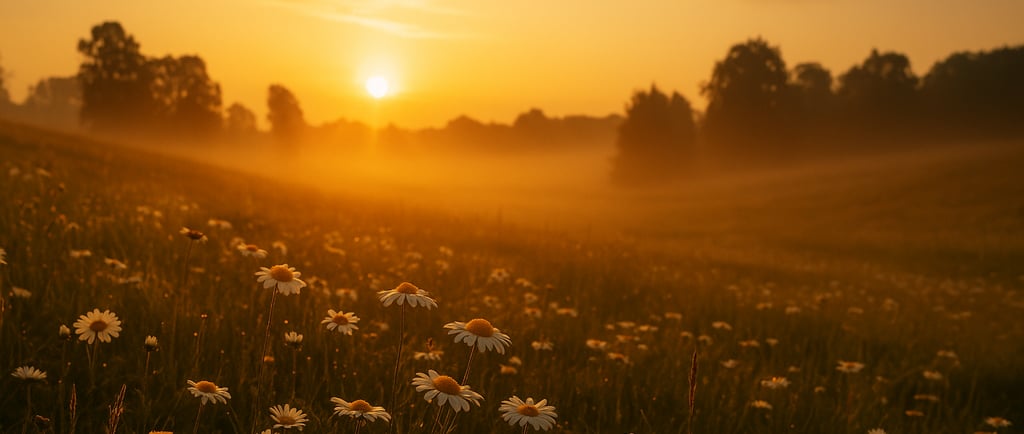 Campo de margaridas sob a luz dourada do amanhecer, simbolizando a graça de Deus que renova e traz e