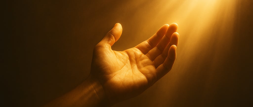 Mão estendida recebendo a luz dourada do alto, simbolizando a graça e a presença de Deus que alcança