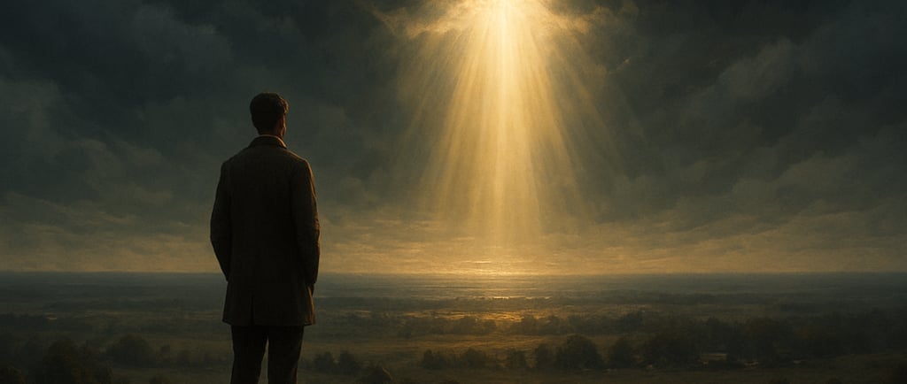 Céu dramático ao entardecer com nuvens densas e um feixe intenso de luz dourada descendo do alto, il