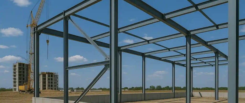 Structure de charpente métallique en cours de construction sur un chantier industriel au Maroc, avec