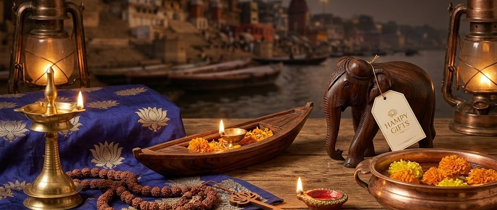 Traditional Indian Diwali decorations with brass diyas and a wooden elephant on a river bank.