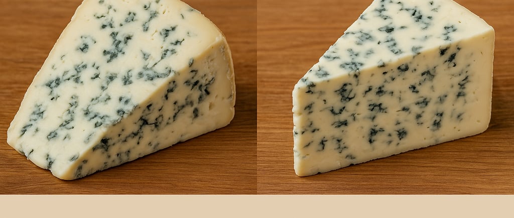 Gorgonzola e queijo azul lado a lado, mostrando mudança de nome exigida por acordo internacional