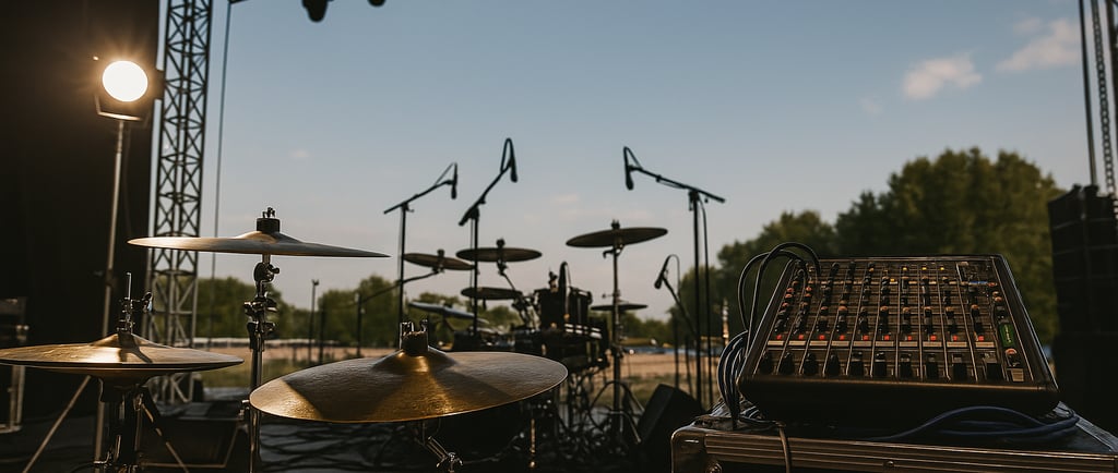 Boş bir sahnede davul kurulumu ve teknik ekipmanlarla soundcheck sürecini gösteren görsel.