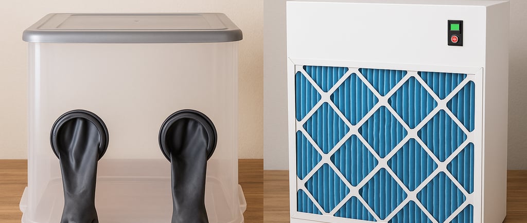 a still air box and a flow hood to explain the difference