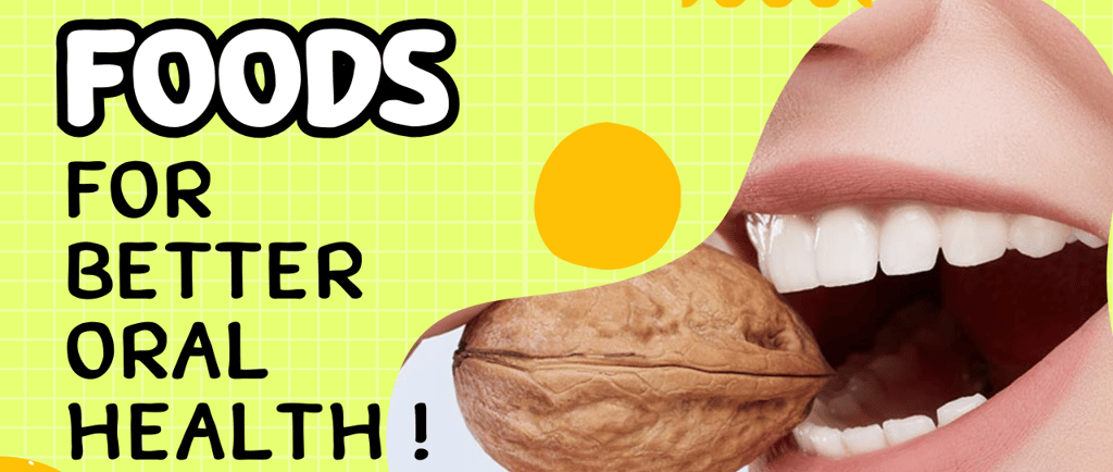 a woman eating a walnut depicting foods for good oral health