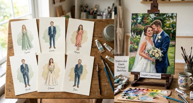 guest watercolor portraits, wedding portraits, couple wedding painting