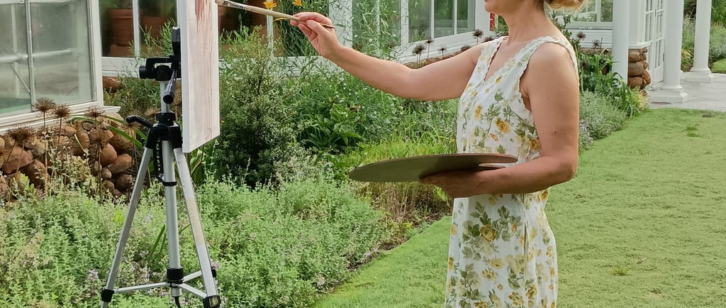 process of live wedding painting, an artist painting a wedding at Reynolda Village, Winston-Salem