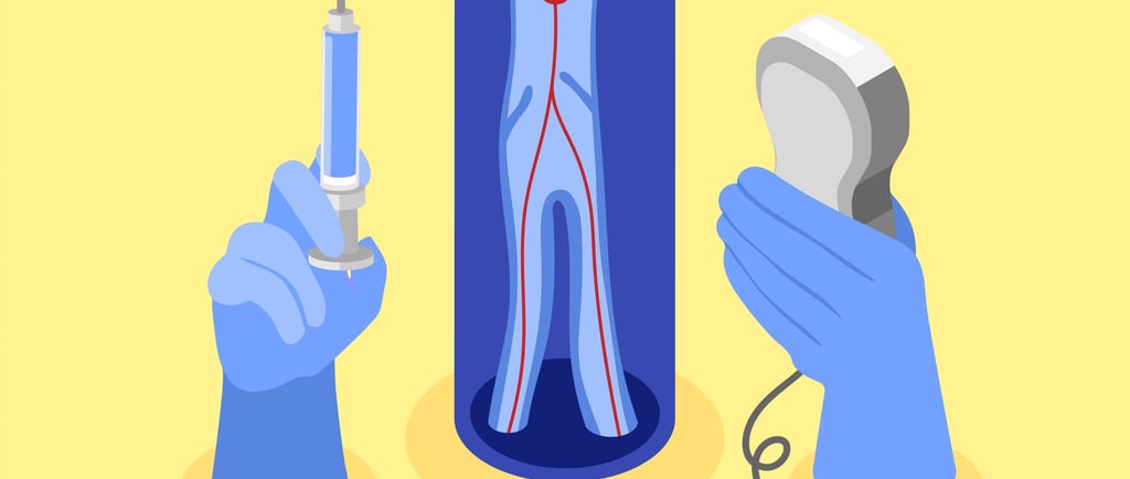Illustration of a minimally invasive vascular procedure using ultrasound guidance and injection to treat vein conditions.