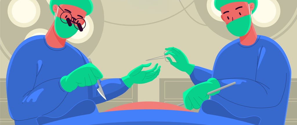 Vascular trauma surgery in progress: two surgeons performing delicate blood vessel repair on patient in sterile operating roo