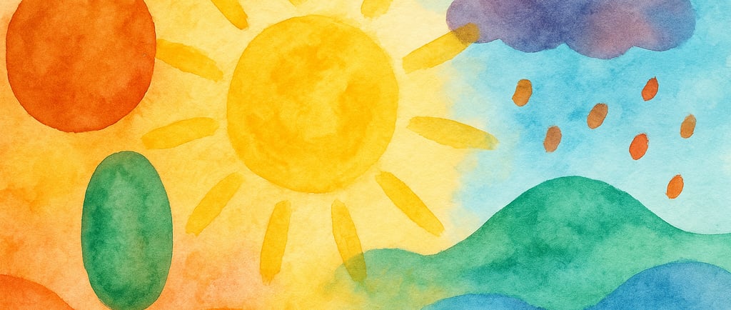 Watercolour illustration of sun, clouds, hills, and tree with balanced warm and cool tones.