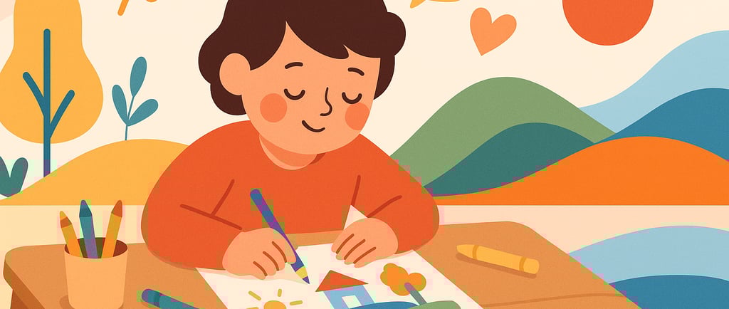 Child drawing a house and sun with crayons at a desk, with blue accents in the background.