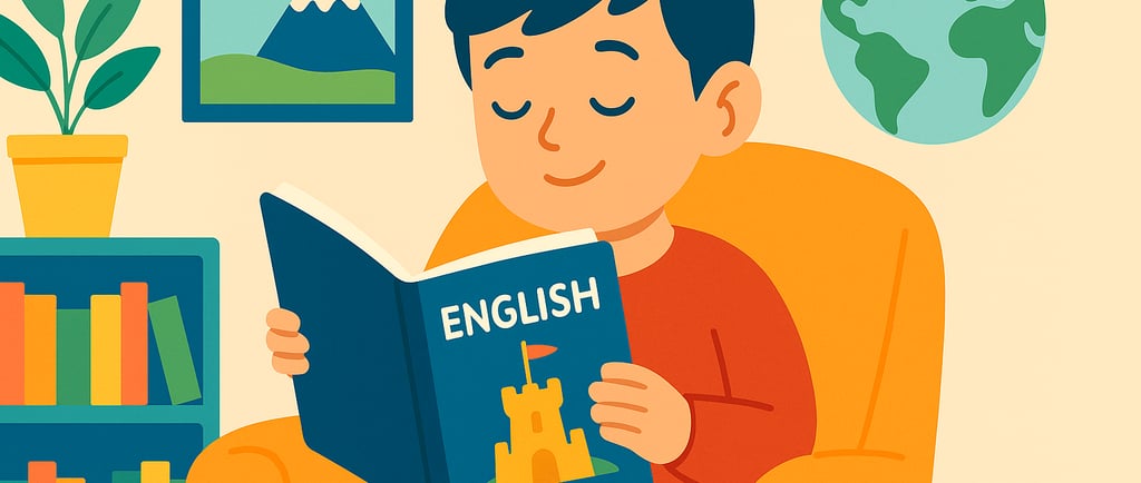 Flat illustration of a boy reading an English book in a cozy room with bookshelf and globe.
