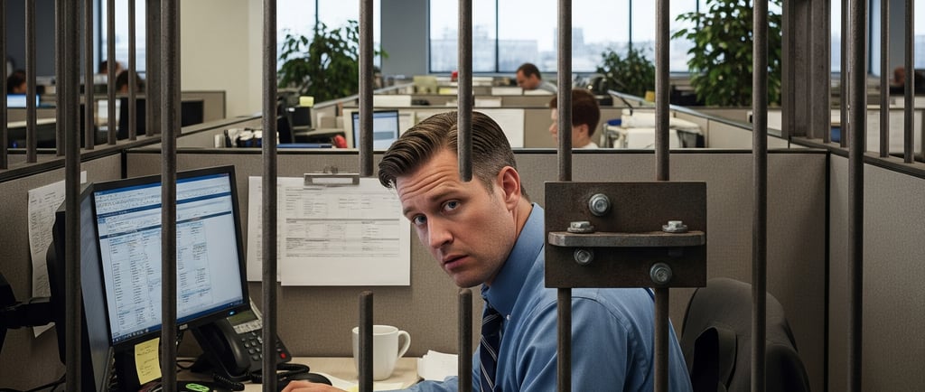 a man in a blue shirt and tie in a cubicle but behind bars