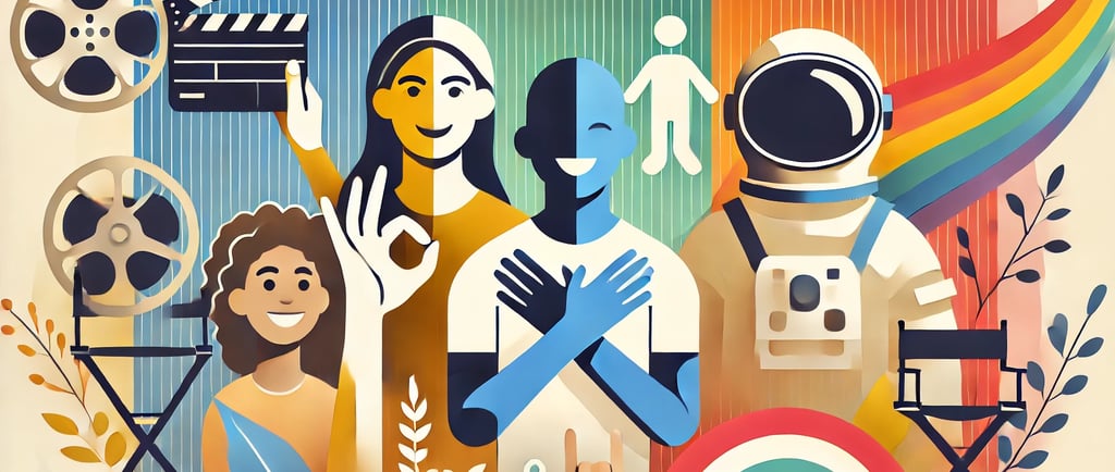 una imagen mostrando diversos seres humanos y símbolos cinematográficos