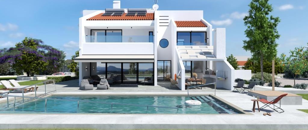 Modern white villa with private swimming pool, terrace, and solar panels under a clear blue sky.