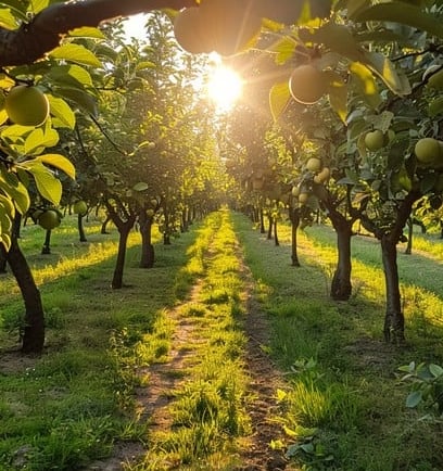 Sunlight coming through the trees in an orchard