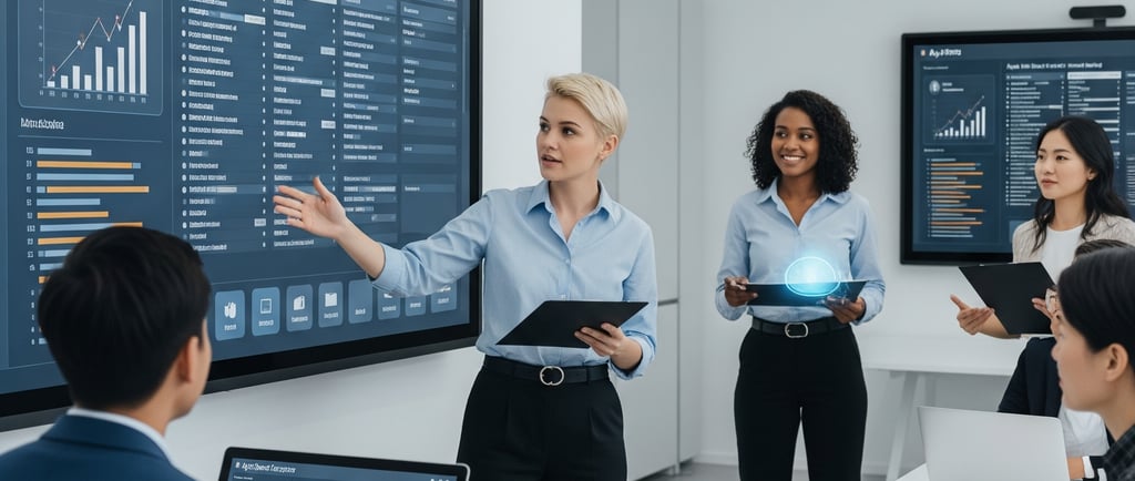 Agile Product Owner guiding a team with a digital roadmap and smart tools in a modern 2025 tech work