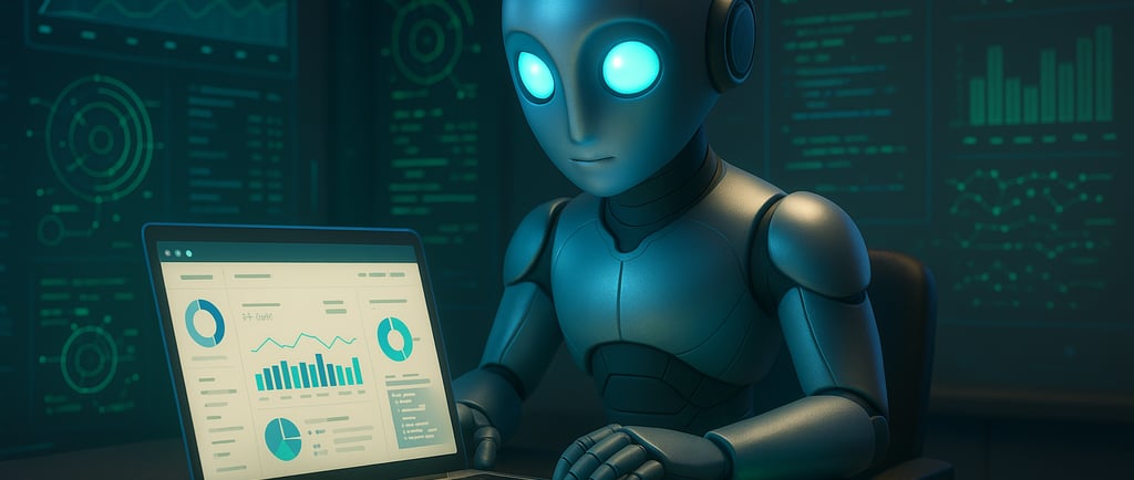 Futuristic AI robot analyzing website SEO data on a laptop, surrounded by glowing holographic graphs and charts in a dark tec