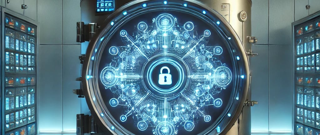 Futuristic high-tech vault with glowing AI-generated prompts, secured by a digital interface and neon blue keypad.
