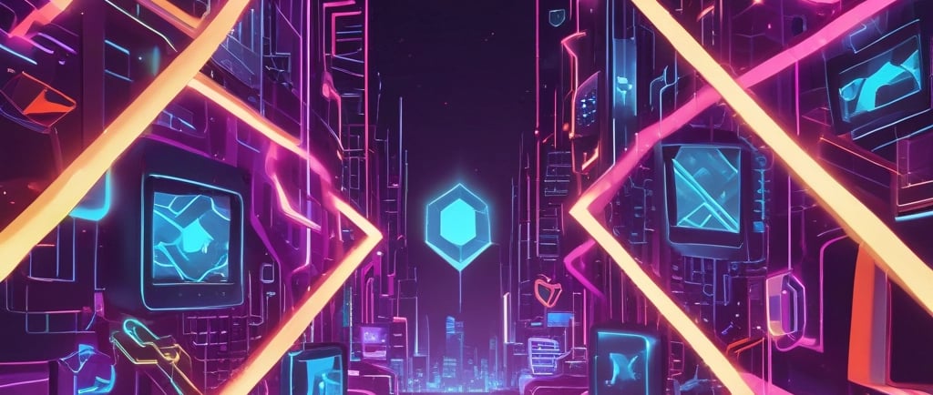 Abstract futuristic digital artwork with glowing geometric shapes, holographic elements, and soft ne