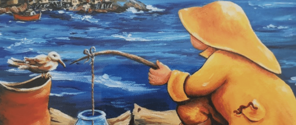 a painting of a man fishing in the ocean