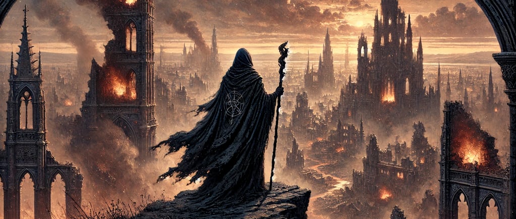 Anuheim - Warlock Looking Over Ruined Capital City metropolis