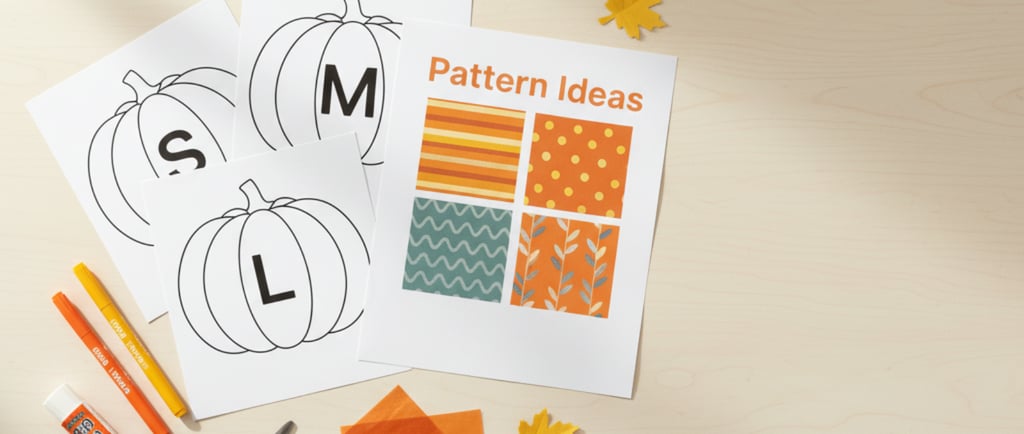 Top-down photo of free printable pumpkin outlines in three sizes with pattern ideas sheet