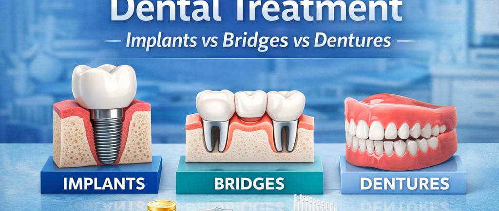 Dental implants vs bridges vs dentures comparison showing implant, dental bridge, and full dentures 