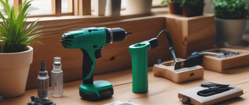 Eco-friendly power and hand tools including cordless drill and manual tools on a green-themed work