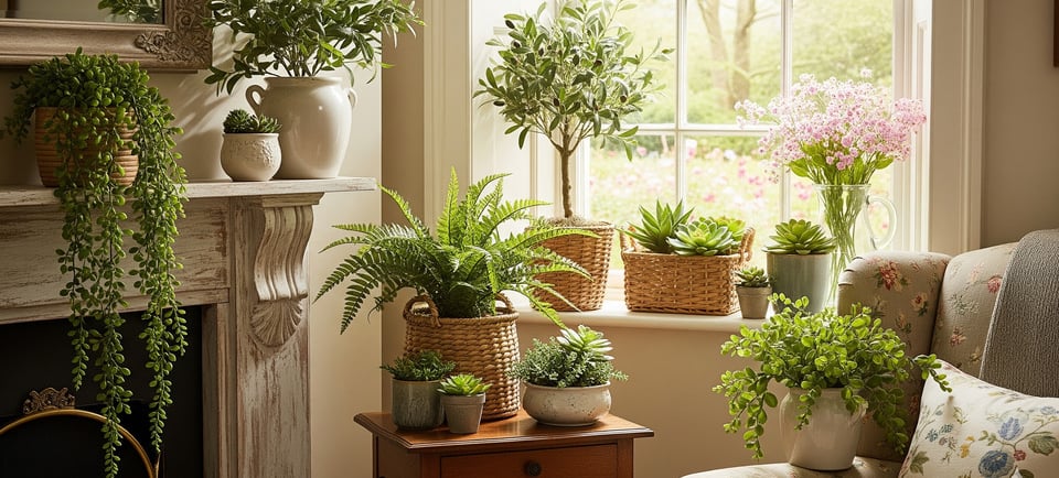 faux botannicals on window sill and in living room