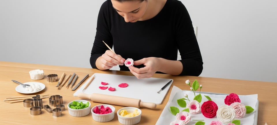 woman making edible gum paste flowers