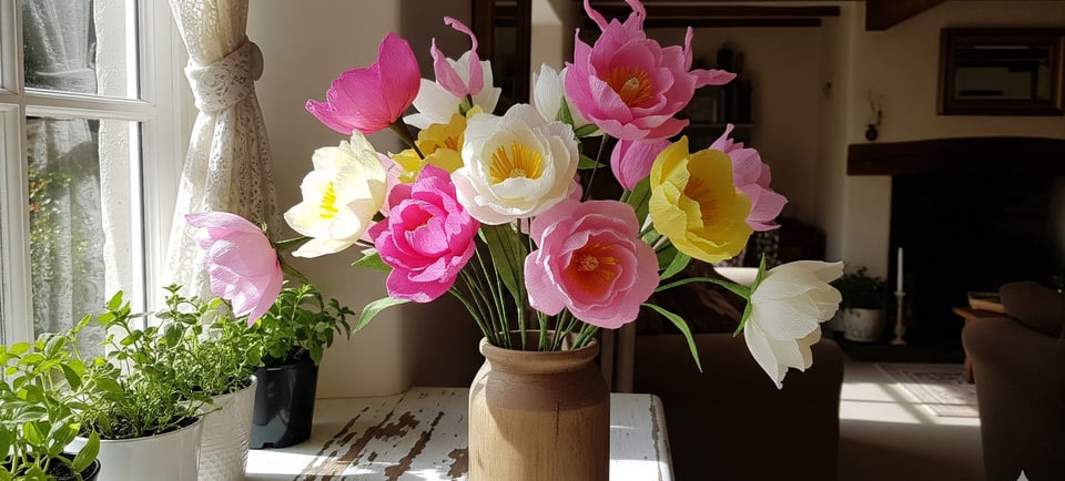 crepe paper flower bouquet in ceramic vase