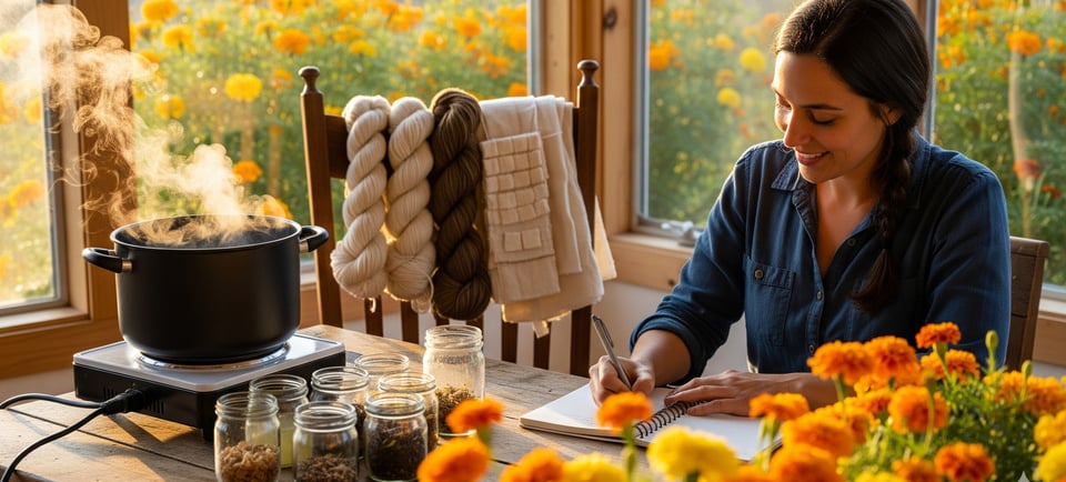 woman taking notes while boiling water with marigolds on table