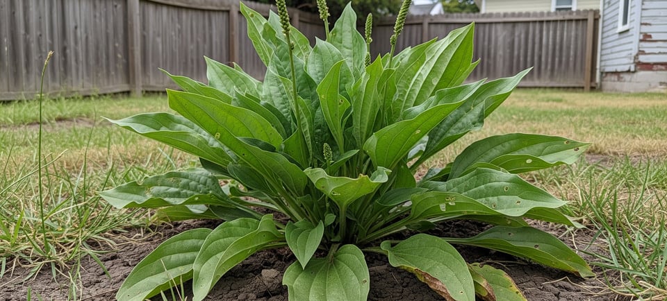 broadleaf plantain growing in backyard