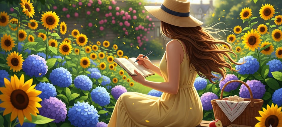 graphic of woman in yellow writing in notebook in flower garden