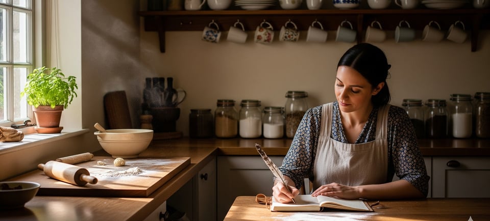 woman in kitchen writing in notebook