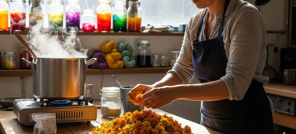 woman dyeing with marigolds in kitchen