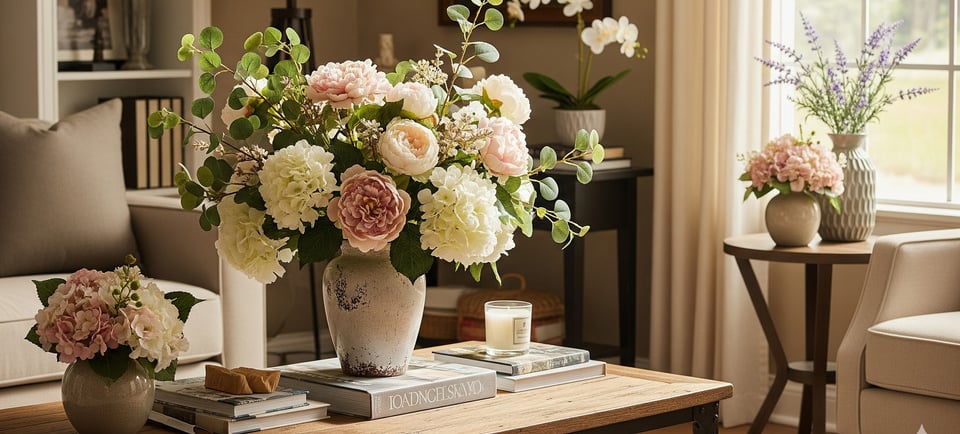 faux botannical flowers on table in living room