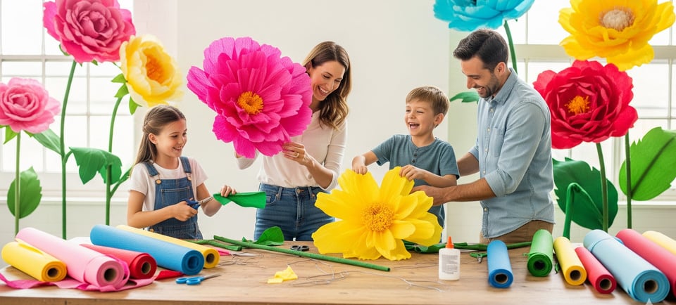 happy family making crepe paper flowers
