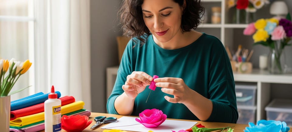 woman sat at desk making pink crepe flowers