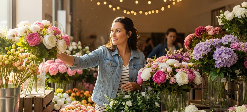 woman chosing faux flowers in florist