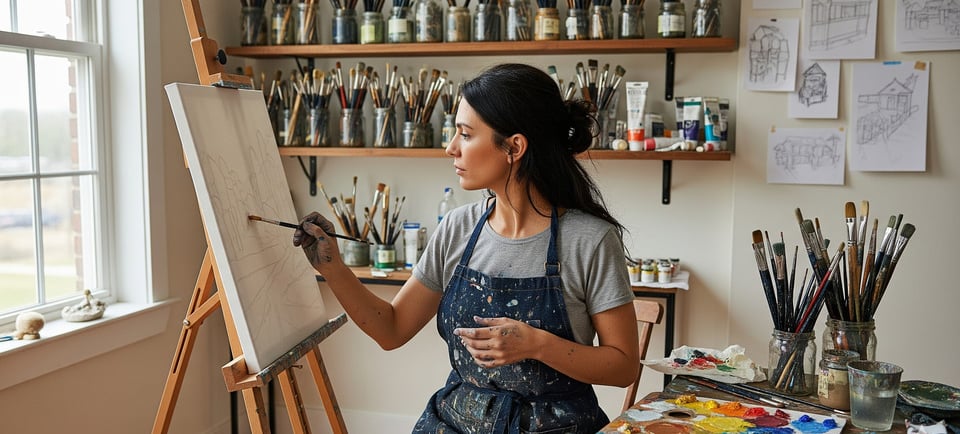 woman in art studio painting flowers 